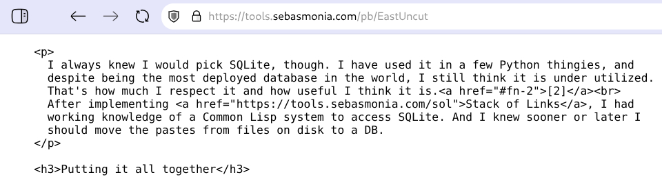 Screenshot of the result of saving plain text online.